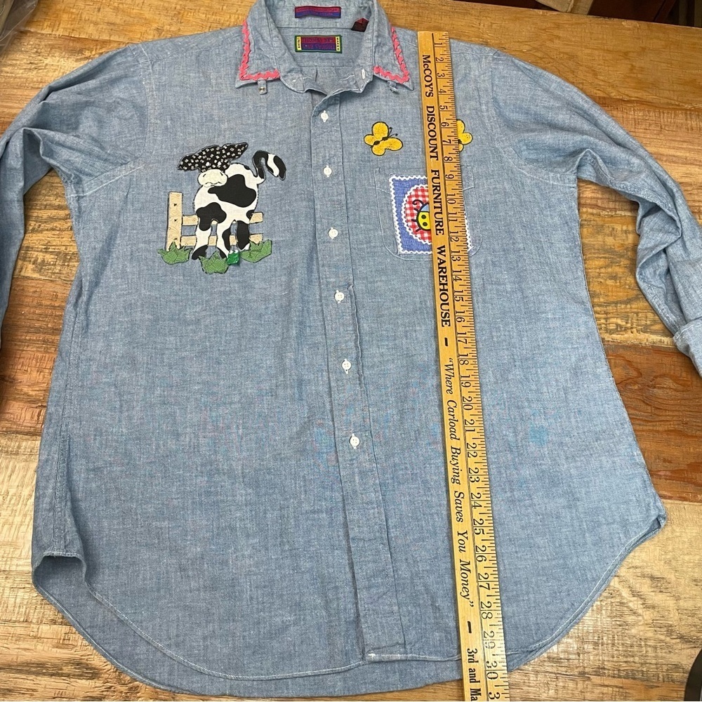 Vintage Upcycled Hand crafted Chambray size 16 1/2 sunflowers cow cottagecore - Picture 9 of 15